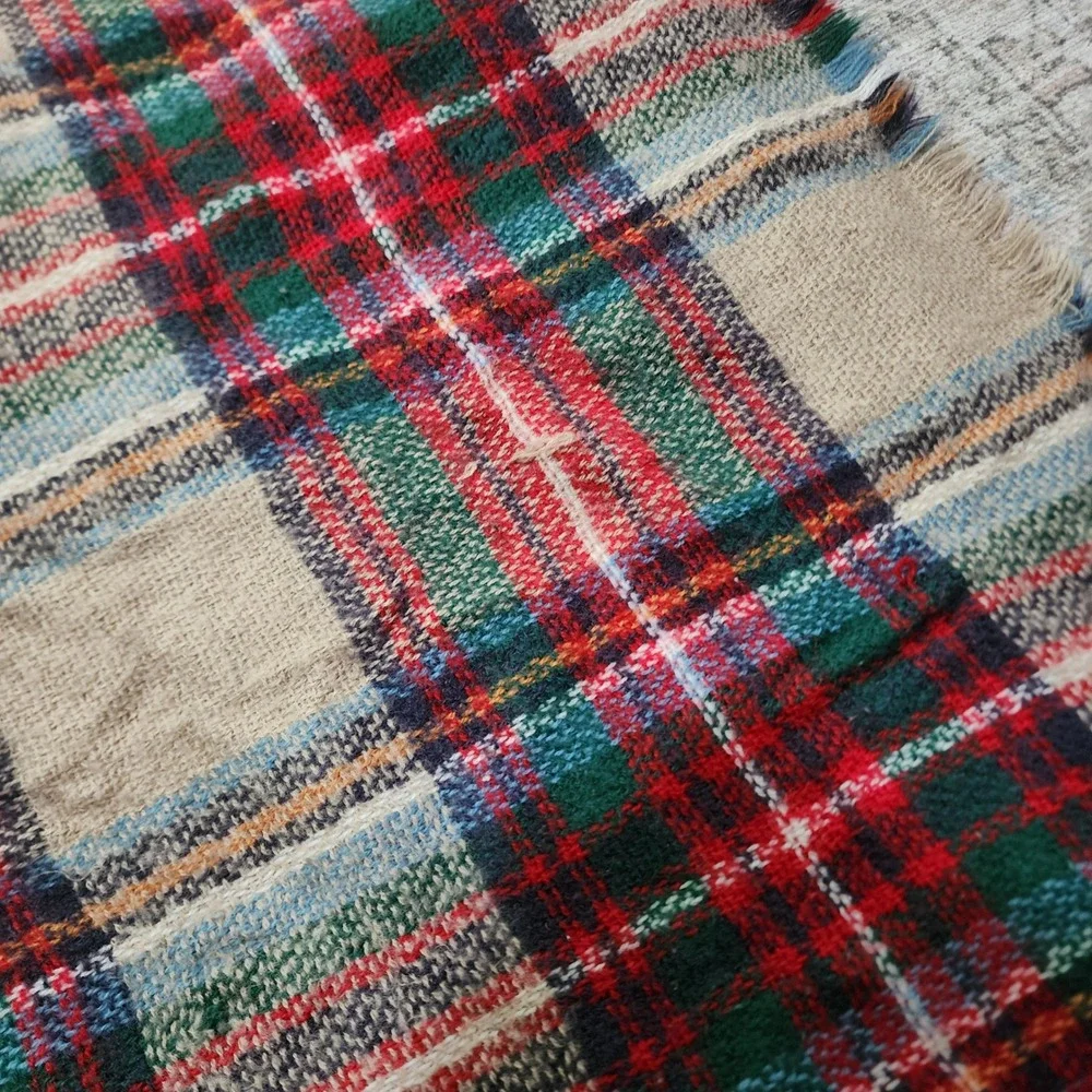 ModCloth Tan Red Green Plaid Blanket Scarf Fringed Square Oversized Cozy Wrap